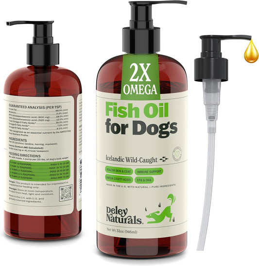 Deley Naturals Dog Fish Oil Icelandic 2X Omega - Dog Itching Skin Relief with Omega 3 6 9 for Allergies, Coat & Heart - Omega 3 Fish Oil for Dogs Skin Irritation - 32oz Omega Oil for Dogs Made in USA