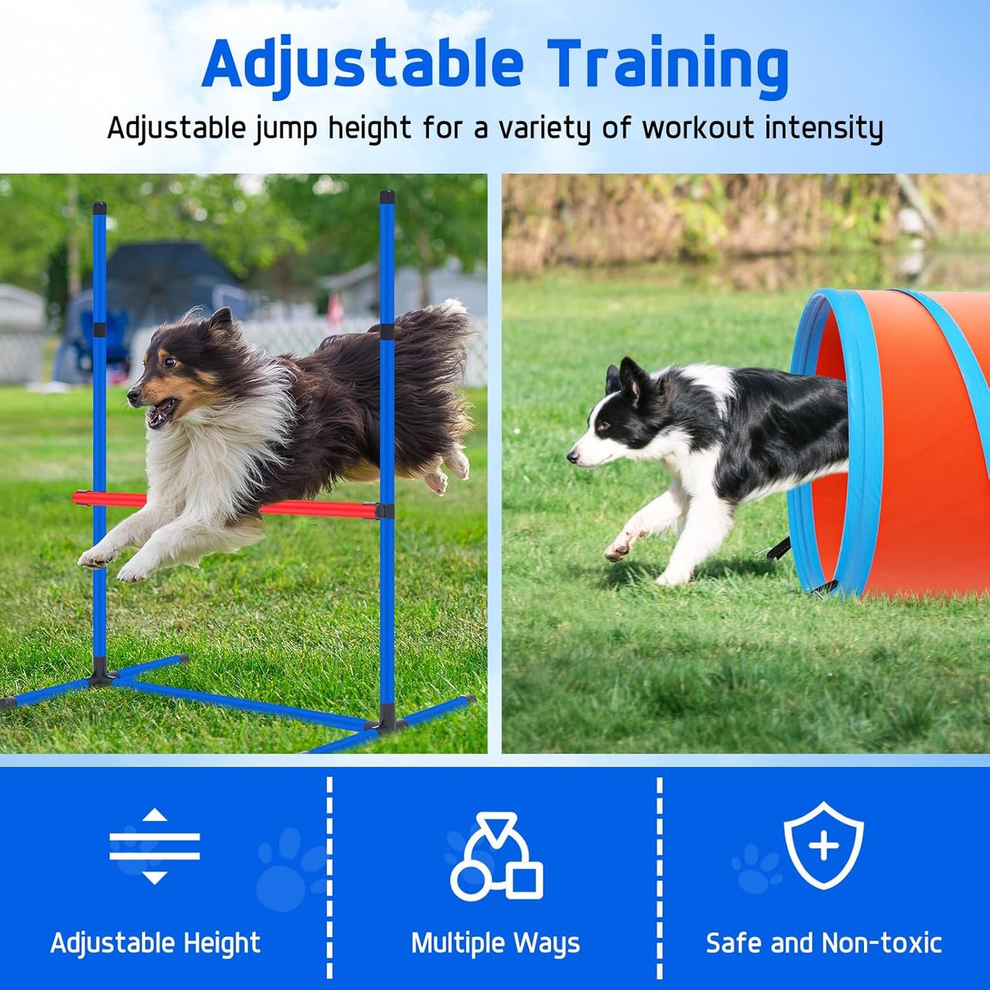 Dog Agility Course Backyard Set Dog Agility Equipment Obstacle Course Backyard Includes Adjustable High Hurdle,6 Weave Poles,Extended Tunnel,Jump Ring,Square Pause Box,2 Balls,Whistle,2 Carrying Bags