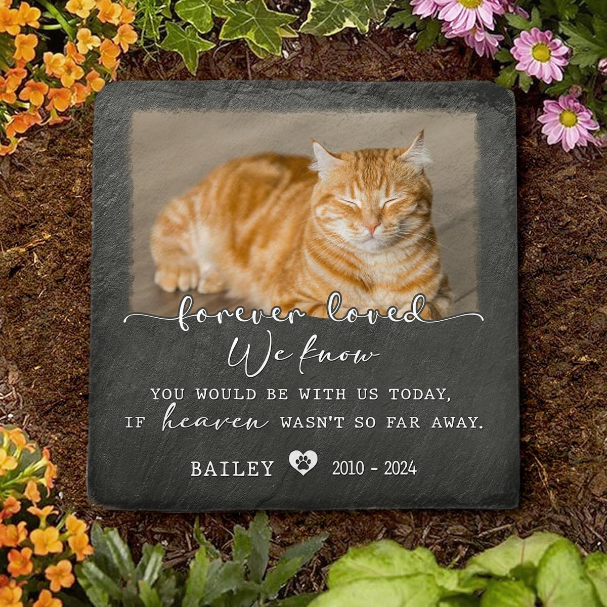 Pet Memorial Stone - Square Shaped & Personalized Sympathy Gift Baskets, Heaven Not Far Phrase, Forever Loved Dog & Cat Plaque, Ideal for Those Whose Pets Passed Away