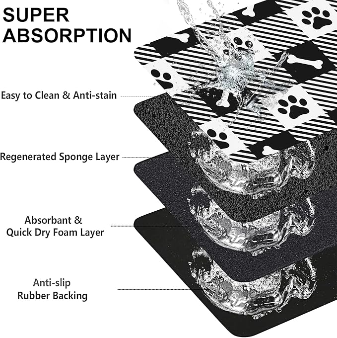 Paw Bone Plaid Pet Cat Dog Food Mat-Absorbent Quick Dry Feeding Placemat for Water and Food, No Stains Rubber Base Mat for Indoor Use, Pet Accessories 12"x20"