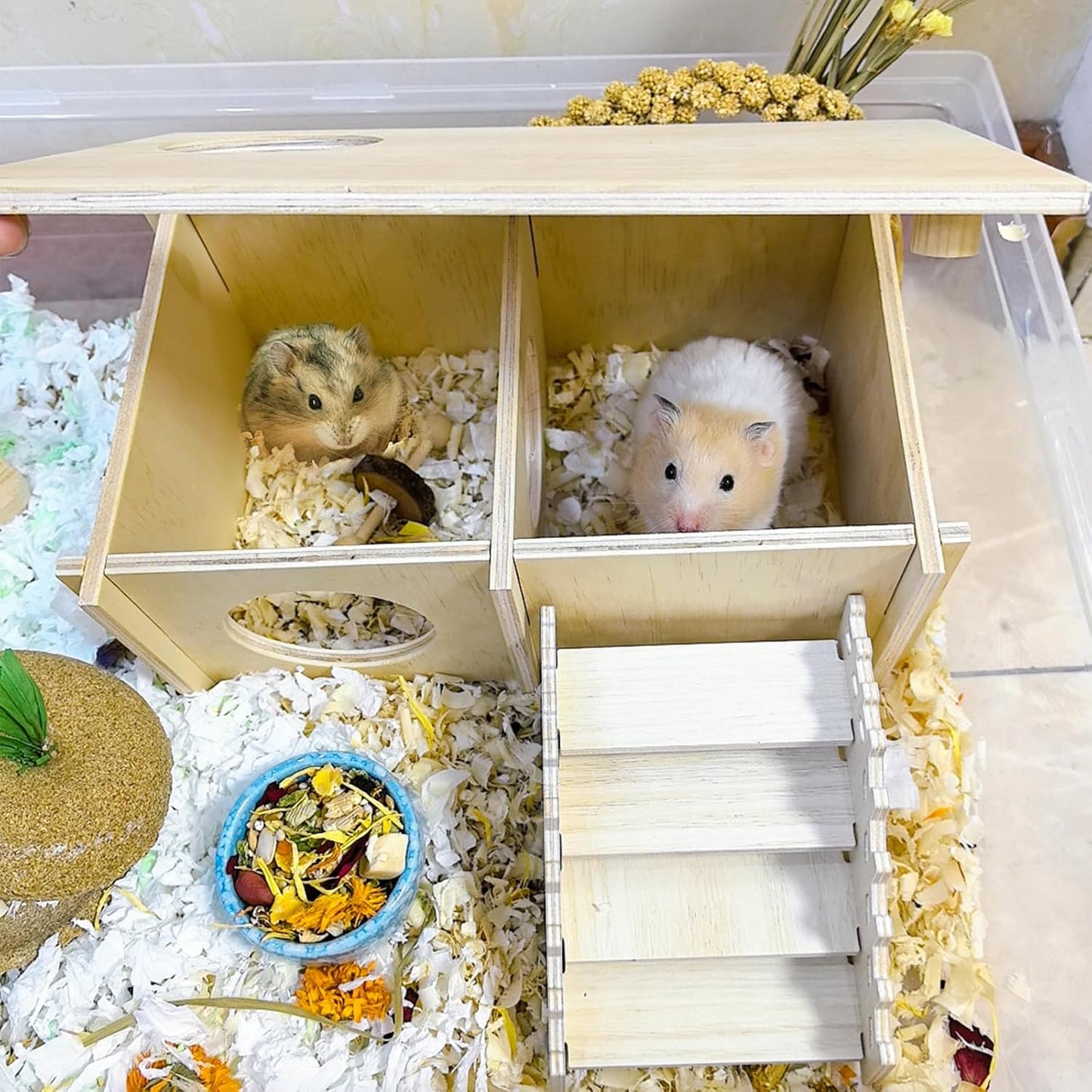 Wooden Hamster Hideout,Hamster House with Ceramic Bowl & Ladder,Small Pets Multi-Chamber Explore Hide Hut Habitats Decor Accessories for Rat,Gerbils, Dwarf Hamsters, Mice