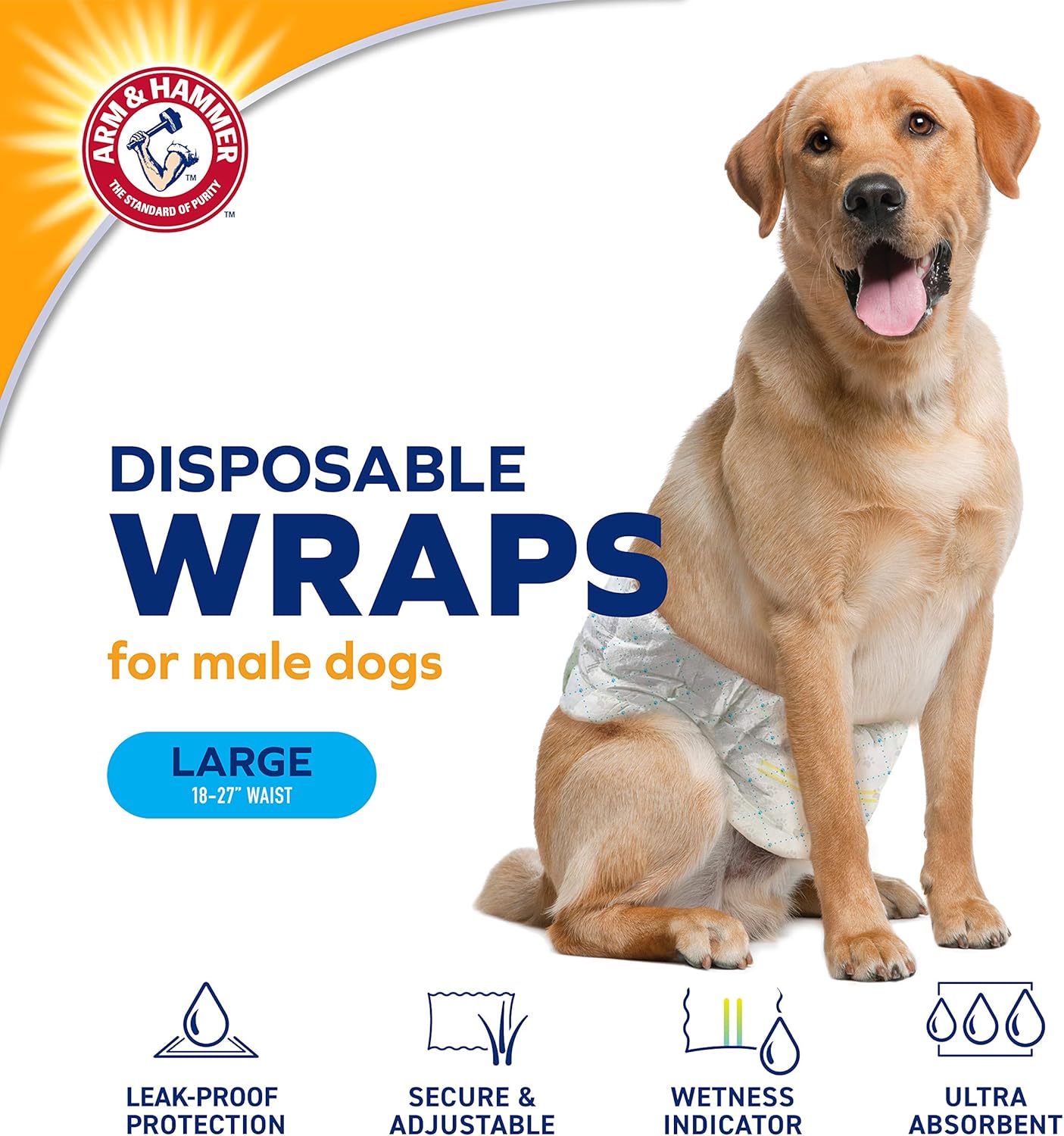 Arm & Hammer for Pets Male Dog Wraps, Size Large, 24 Count UltraAbsorbent, Adjustable Male Dog Diapers with Leakproof Protection and Wetness Indicator for Large Dogs (Pack of 2)