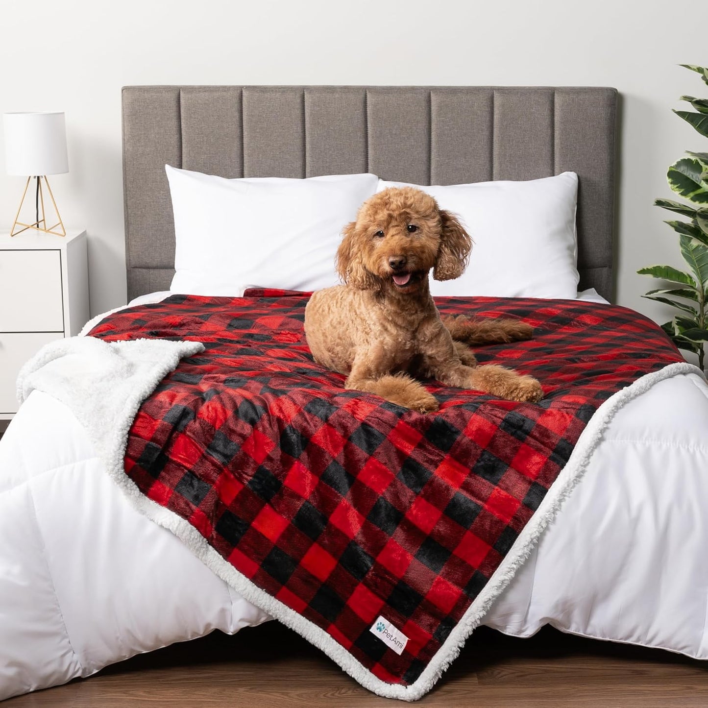PetAmi Waterproof Dog Blanket for Medium Large Dog Puppy Cat Throw for Couch Cover Leakproof Protection, Sherpa Fleece, Reversible Soft Washable 60x40 Checker Plaid Red