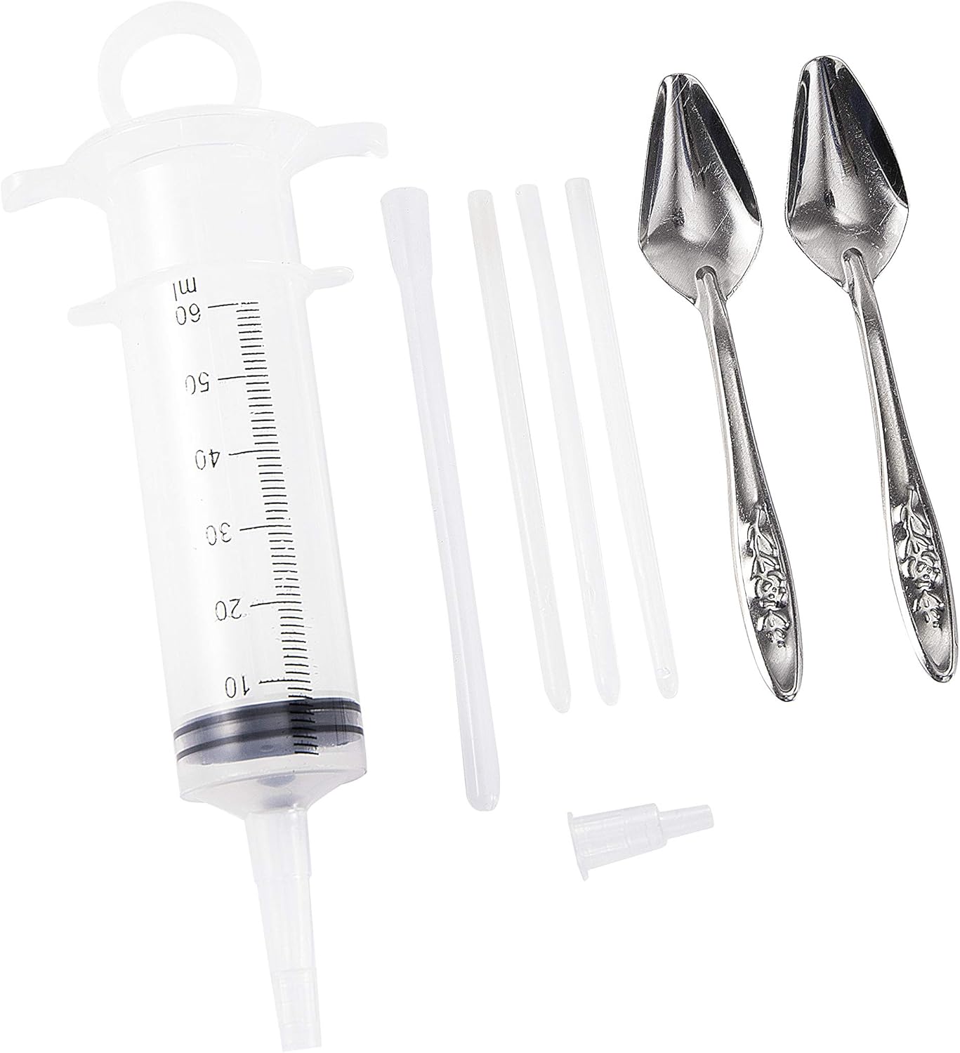 60ML Baby Bird Parrot Feeding Tubes, Liquid Medicine Feeder Push-Tube Pet Cat Dog Feeder with 2 Pcs Stainless Steel Metal Feeding Spoon