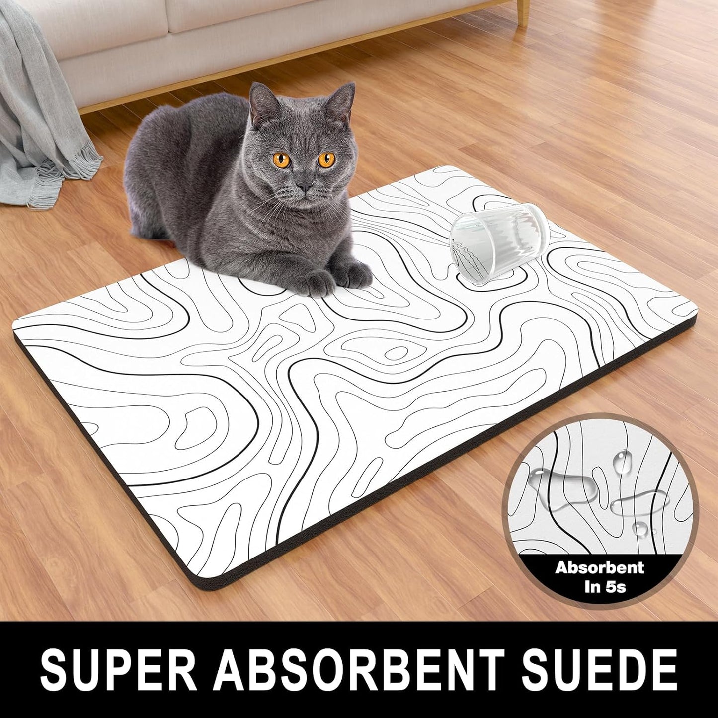 Dog Food Mat, 16" x 24" Absorbent Dog Cat Bowl Mat for Food and Water, Cute Anti-Slip Rubber Pet Feeding Rug Protect Floors, Placemat for Feeding & Watering Supplies, White Line Art