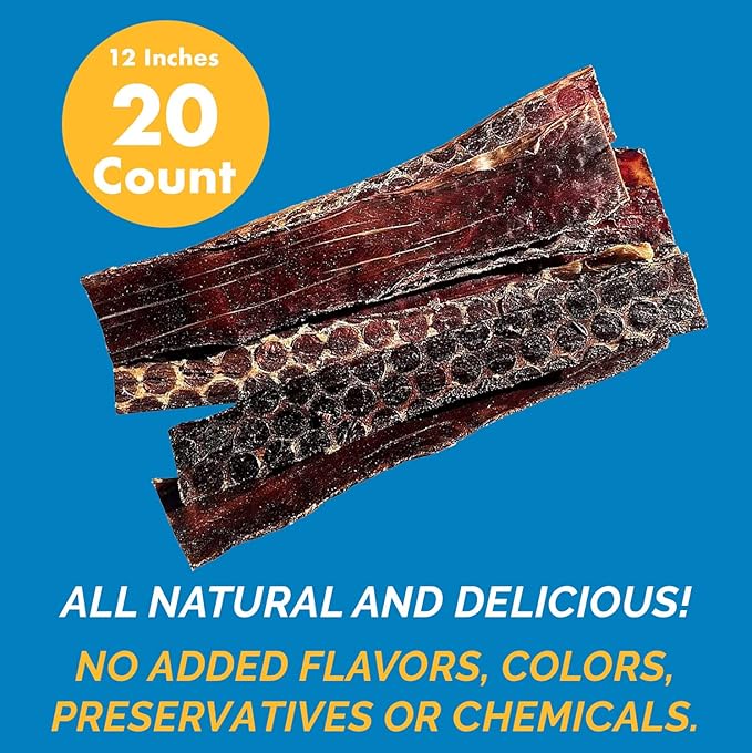 Esophagus Dog Treats - (12 Inches - 20 Count) 100% Natural, Flat Gullet Sticks for Dogs, Beef Jerky Dog Treats Strips, NO Preservatives, Hormones, or Antibiotics
