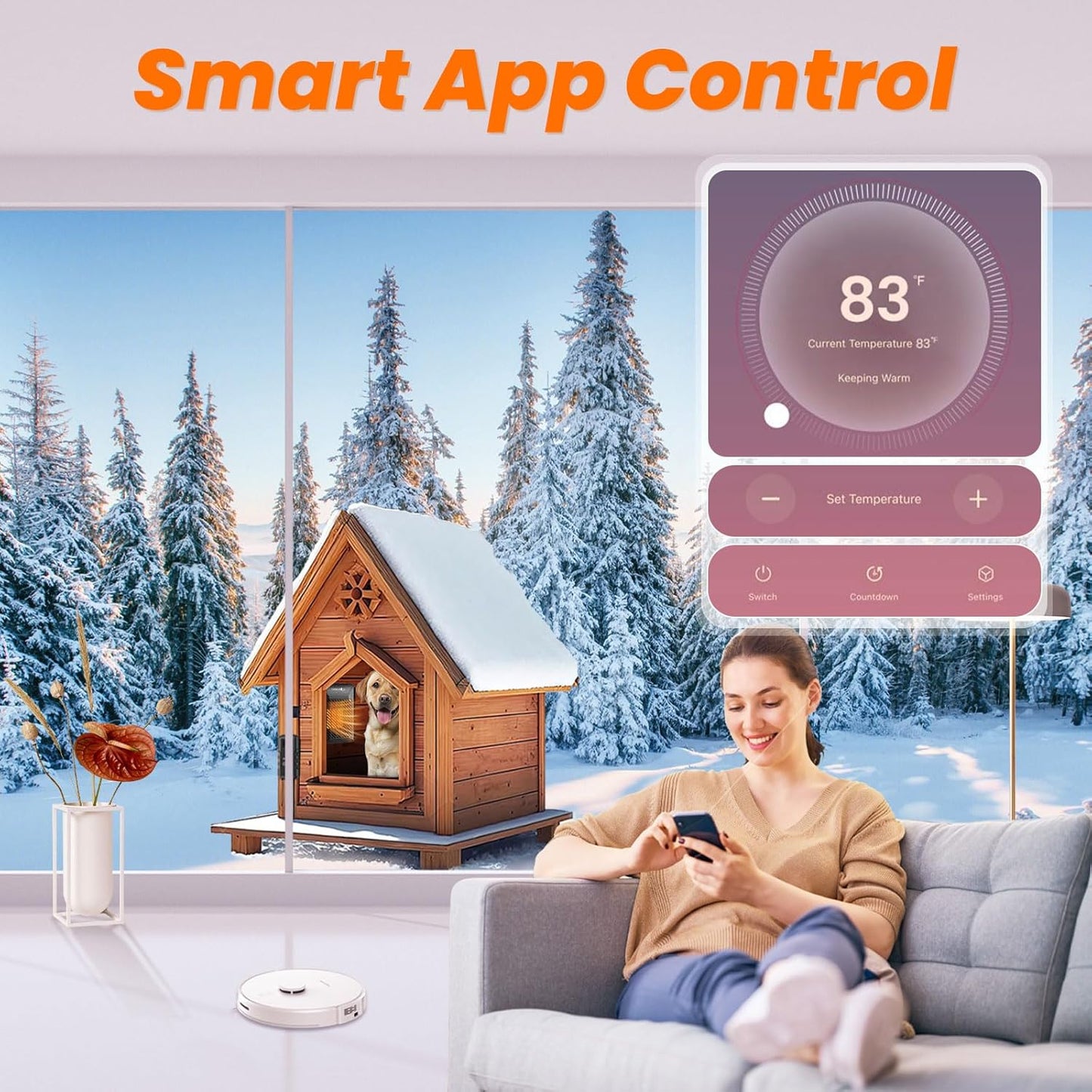 Dog House Heater,Pet House Heater with APP Remote&Thermostat,41°F/113°F Adjustable Temp 24H Timer Outdoor Pet Safe Heaters,500W IPX5 Waterproof Cat Heater Anti Chew Cord with WIFI