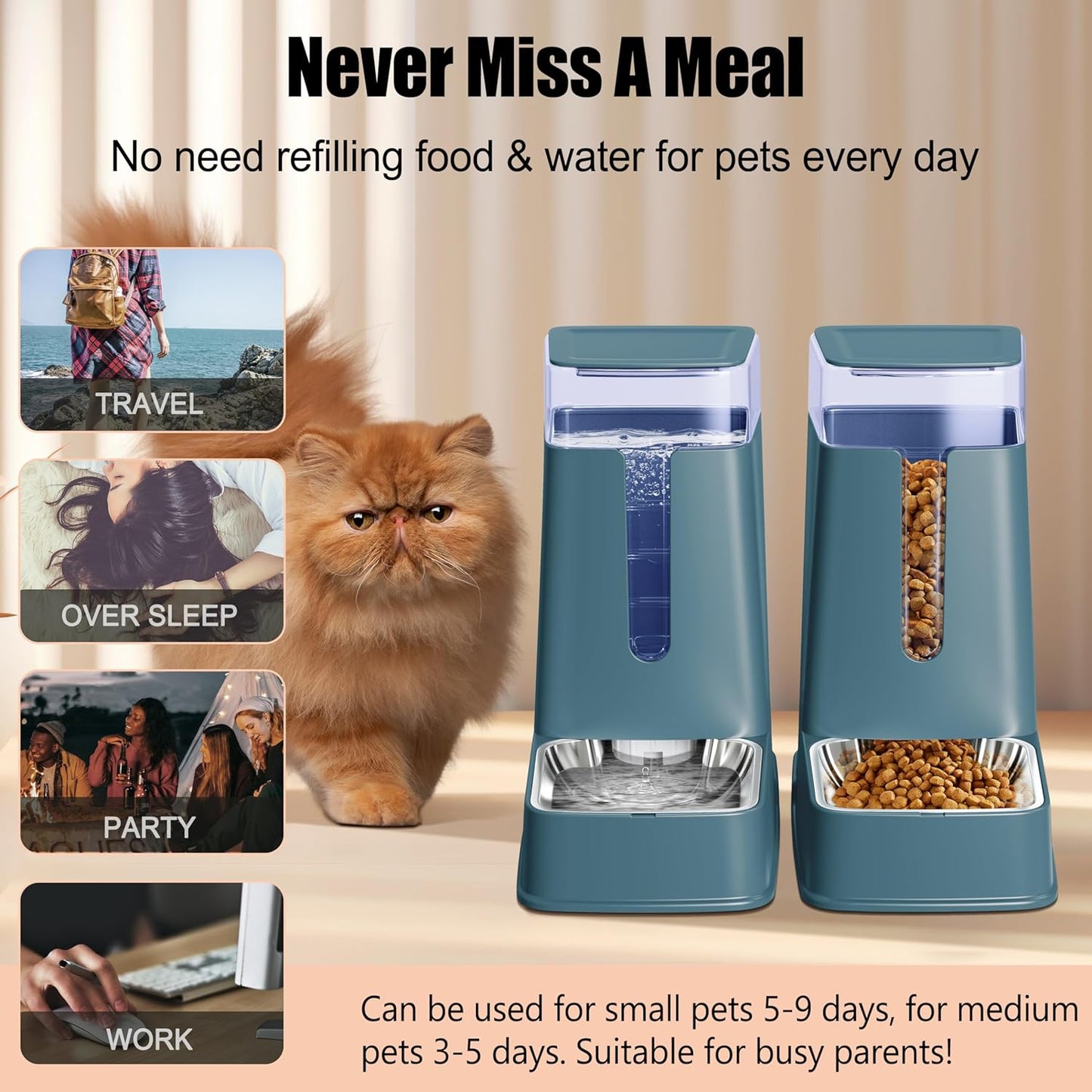 Automatic Cat Feeder and Cat Water Dispenser Set with Stainless Steel Bowls Gravity Dog Feeder for Small Medium Big Dog Pets Puppy Kitten, 3.8L x 2 (Cyan)