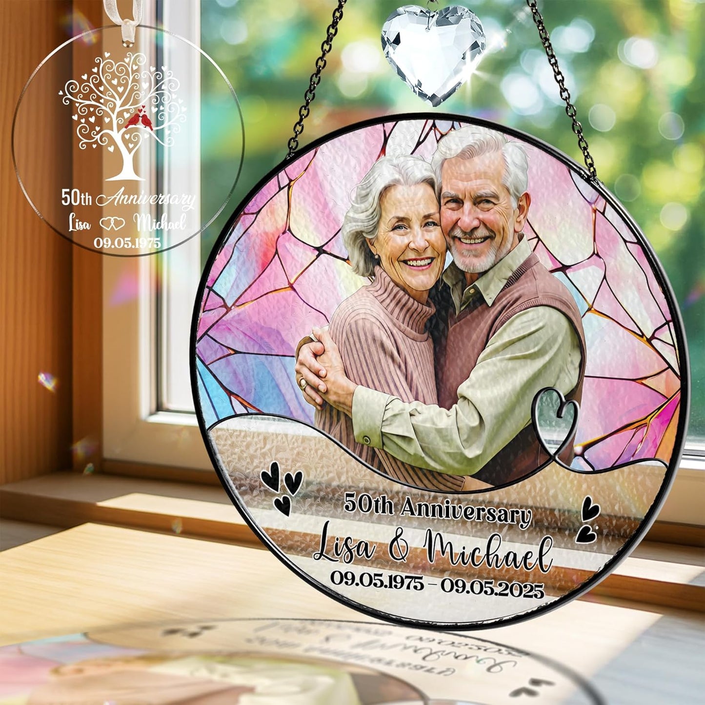 Personalized Photo 25th, 50th, 60th Wedding Anniversary Window Faux Stained Glass Suncatcher Crystal Custom Hanging Ornament 1st, 5th, 10th, 30th for Grandparent, Husband from Wife