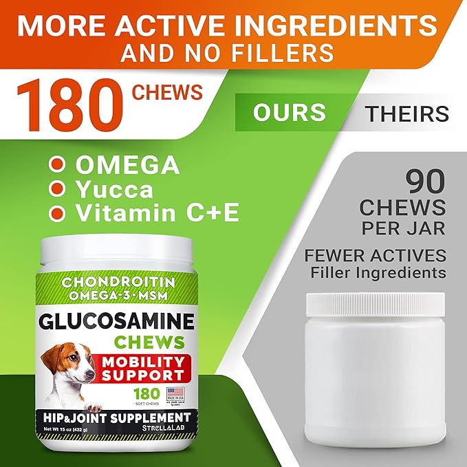 Glucosamine Treats for Dogs - Joint Supplement w/ Omega-3 Fish Oil - Chondroitin, MSM - Advanced Mobility Chews - Joint Pain Relief - Hip & Joint Care - Chicken Flavor - 180 Ct - Made in USA