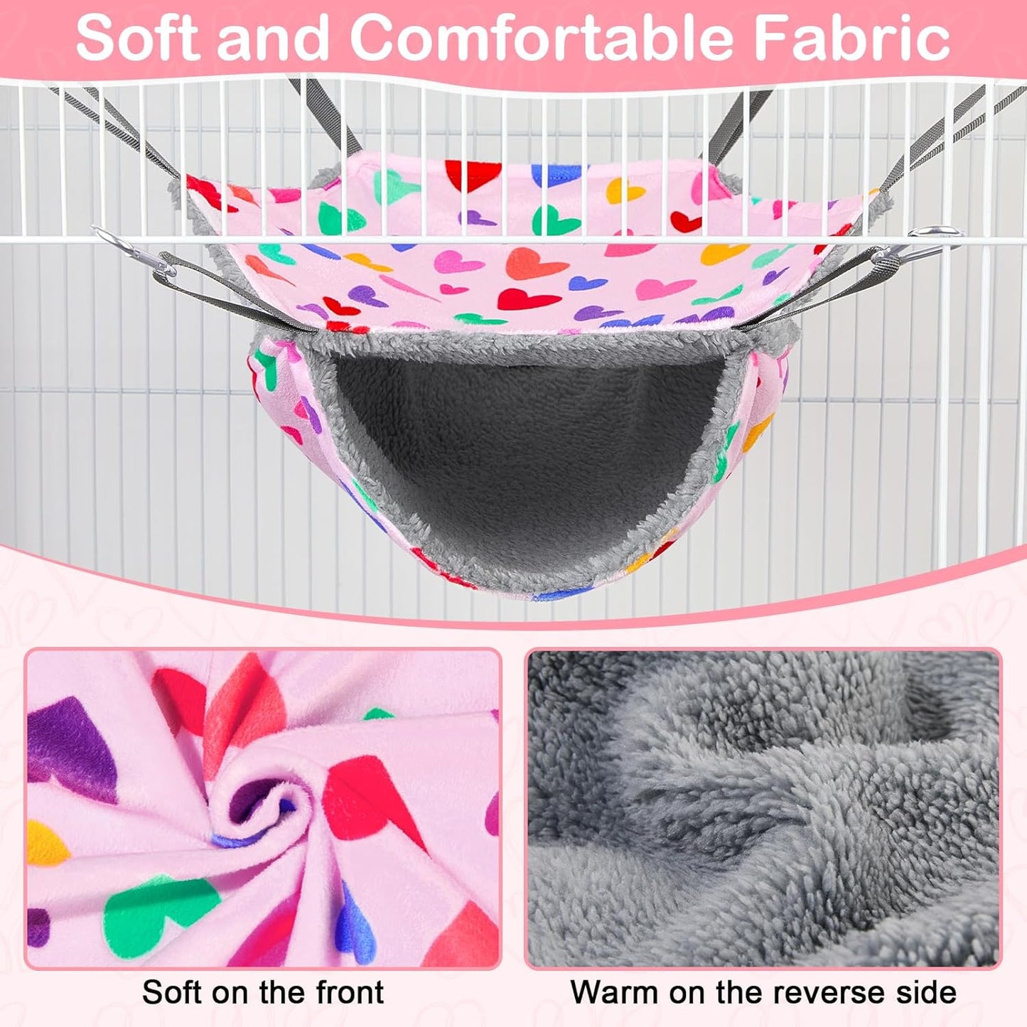 Bienbee 2 Pcs Ferret Rat Hammock Set for Cage Washable Guinea Pig Hideout Bed Soft Small Animal Hammock Tunnel Toys Ferret Cage Accessories for Hedgehog Sugar Glider Squirrel Hamster, Pink Hearts