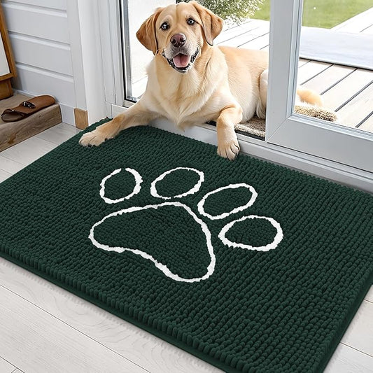 OLANLY Door Mat for Muddy Dog Paws 36x24, Absorbent Chenille Mud Doormat with Paw Print Design, Non-Slip Washable Doormat for Indoor Entryway, Quick-Dry Pet Bed Mats for Dirty Dogs, Blackish Green