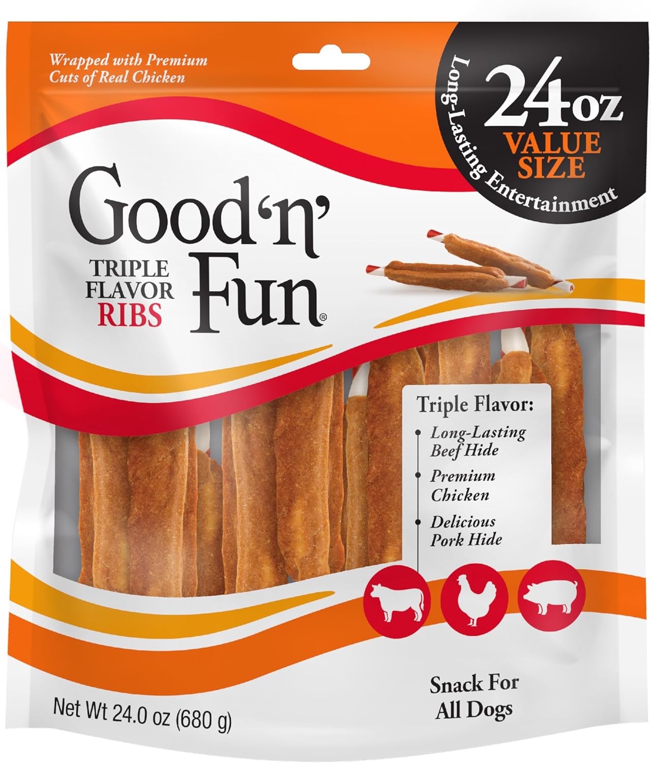 Good 'n' Fun Triple Flavor Ribs Chews for All Dogs, 24 Ounces, Treat Your Dog to Long-Lasting Chews Made with Beef Hide, Chicken and Pork Hide