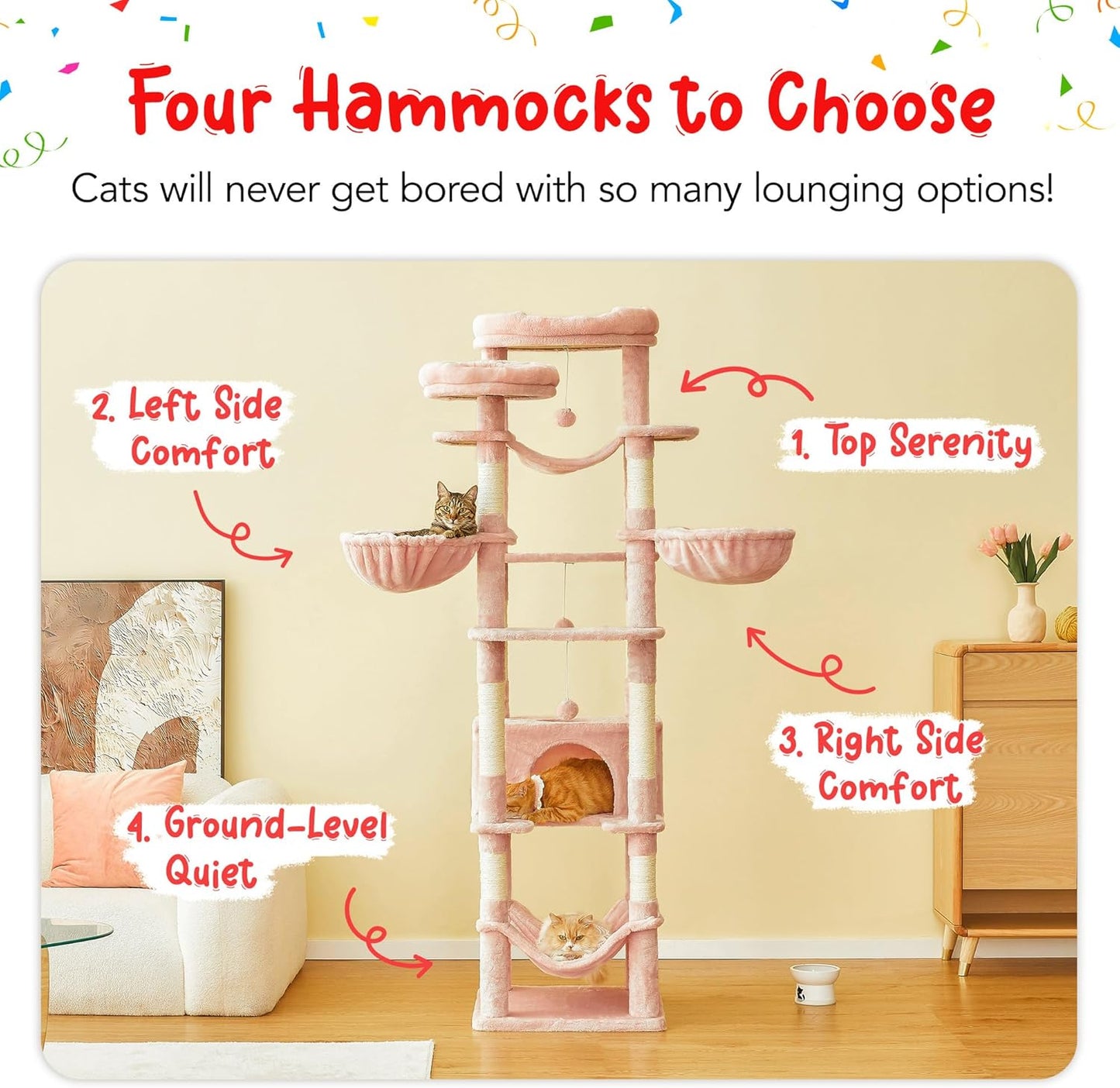 77-Inch Pink Cat Tree for Indoor Cats, Multi-Level Large Cat Tower with 4 Hammocks, 2 Padded Perches, Cat Condo, Sisal Scratching Posts and Hanging Toys for Large Adult Cat