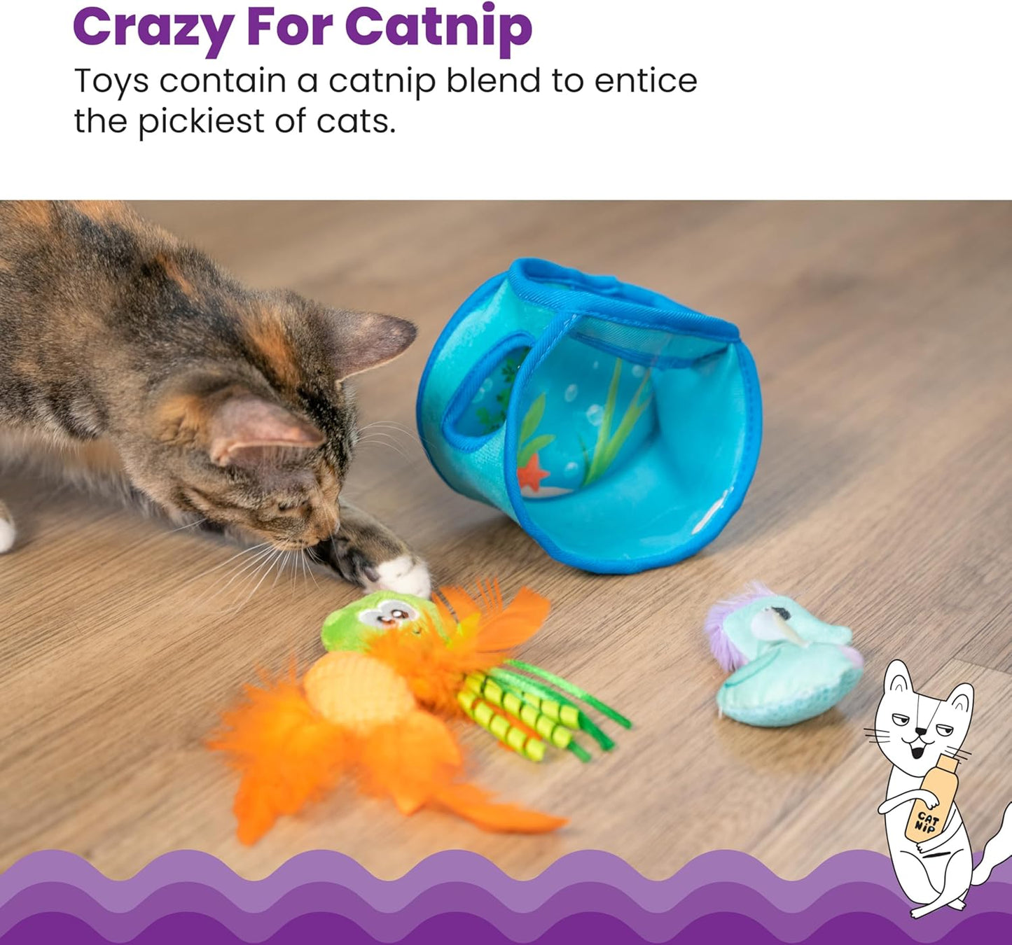 Catstages Hide & Seek Fish Bowl Interactive Cat Toy with Two Catnip Blend Toys, Blue