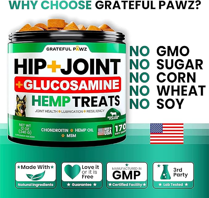Grateful Pawz Hemp Hip and Joint Supplement for Dogs - Glucosamine for Dogs - 170 Joint Pain Relief Treats - Chondroitin, MSM - Advanced Health Supplement - Beef Liver Flavor - Made in USA