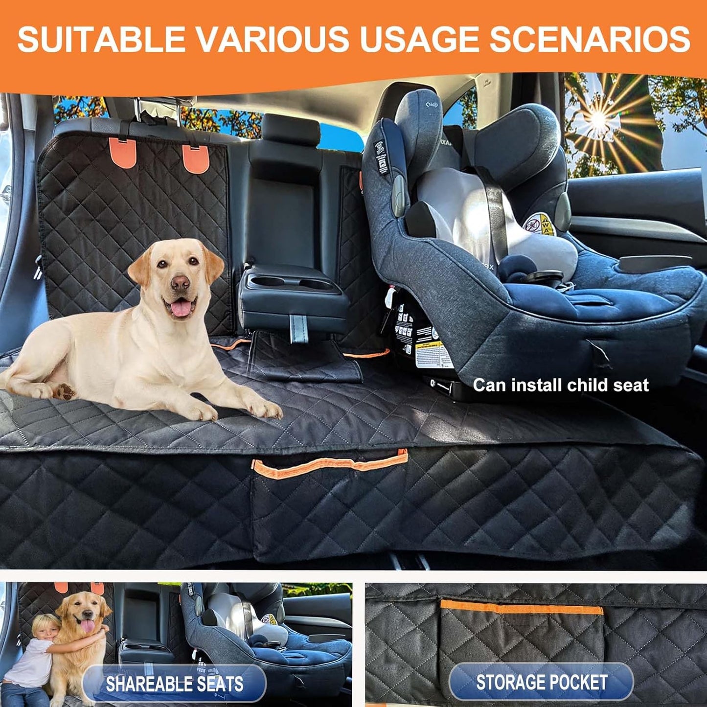 Dog Car Seat Cover for Back Seat Bench Cover, Compatible for Armrest 100% Waterproof & Nonslip Backseat Protector for Pet （Standard）