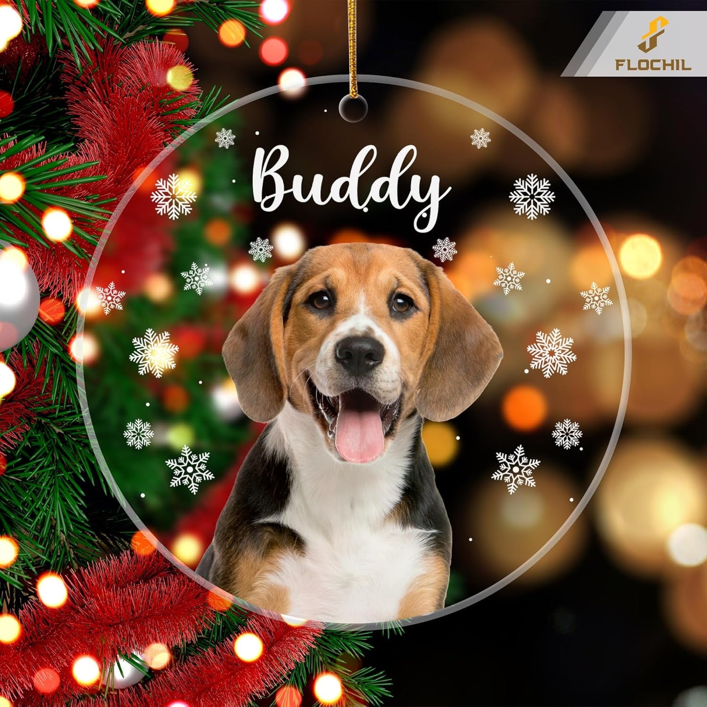 FLOCHIL Personalized Dog Christmas Ornaments, Custom Photo Name for Christmas Trees, Dog First Christmas Ornaments, Best Gifts for Pet Lovers Acrylic Ornament