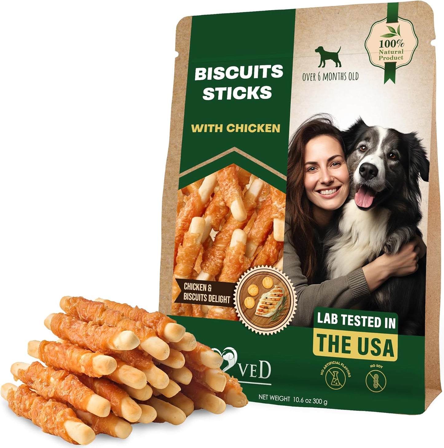 Dog Treats Biscuits Sticks Chicken Wrapped Human Grade Meat 10.6 oz - Natural Dried Snacks Rawhide - Free & Grain Free Long Lasting Chews for Large & Small Dogs - Best for Training & Healthy Teeth