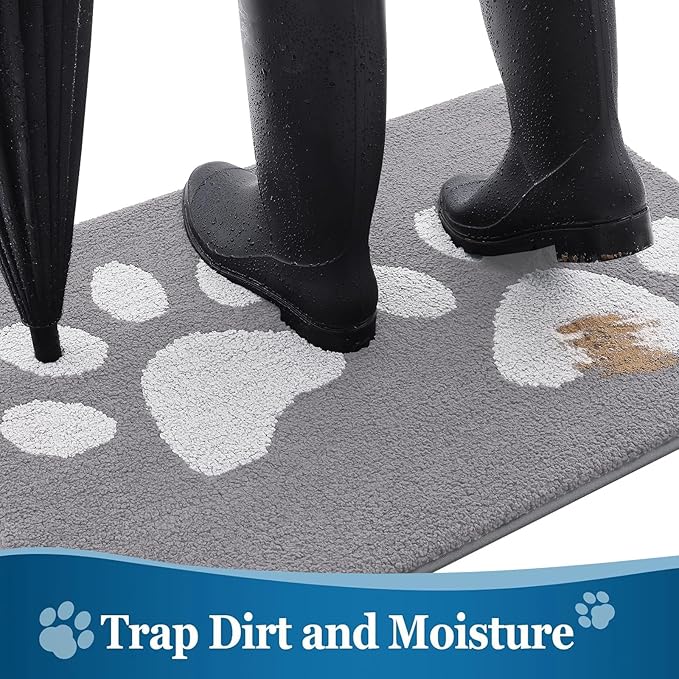 Buganda Dog Door Mat for Muddy Paws, Absorbent Dirt Trapper Washable Indoor Doormats, Non Slip Low-Profile Mud Mat for Dogs, Front Entrance Doormat for Inside Floor (30x20 Inches, Light Grey)