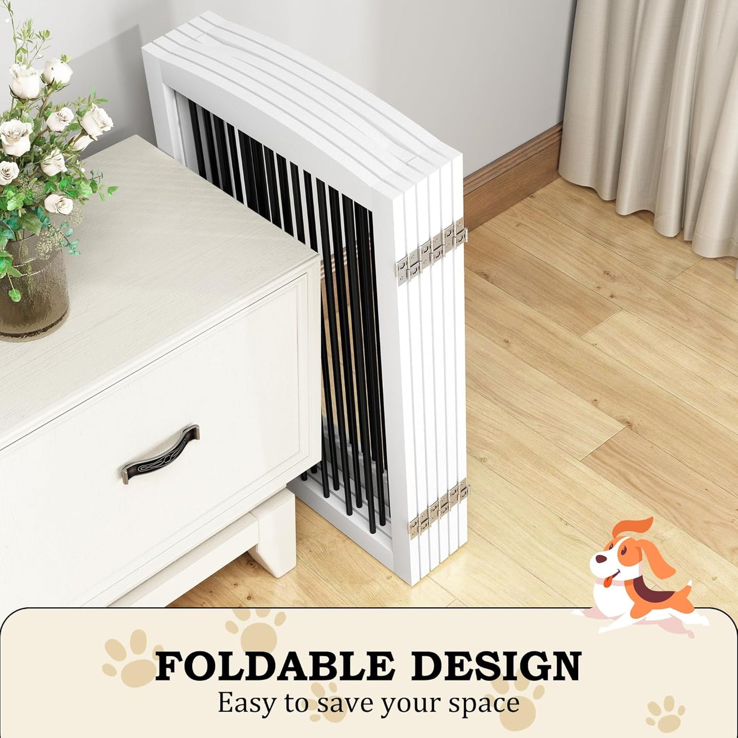 Freestanding Pet Gate with Door, Tall Dog Gate for House, Extra Wide, Pet Puppy Safety Fence, Support Feet Included, 120 Inch Wide, 6 Panels 32" Tall, White & Black