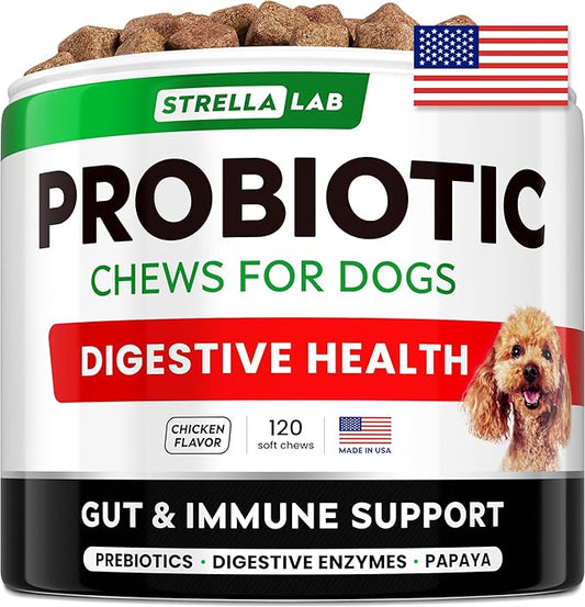 StrellaLab Pet Probiotics for Dogs & Digestive Enzymes + Digestion & Gut Health Treats, Dog Probiotics Chews, Fiber Supplement, Anti Diarrhea, Constipation, Upset Stomach&Gas Relief, Canine Prebiotic