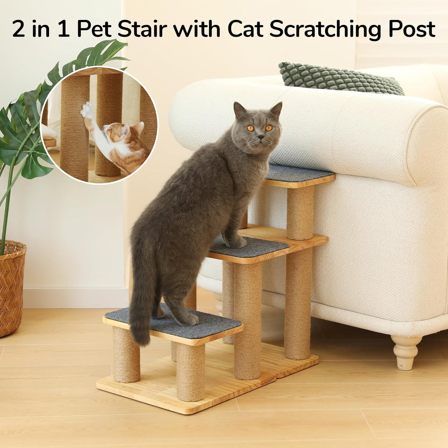 FUKUMARU Dog Stairs, Solid Wood Pet Stairs with Cat Scratching Post, Transformable Cat Ramp Can Hold Up to 200 lbs, 20 Inch Pet Steps for Dogs and Cats to Climb High Bed and Couch, Over 6 Combinations