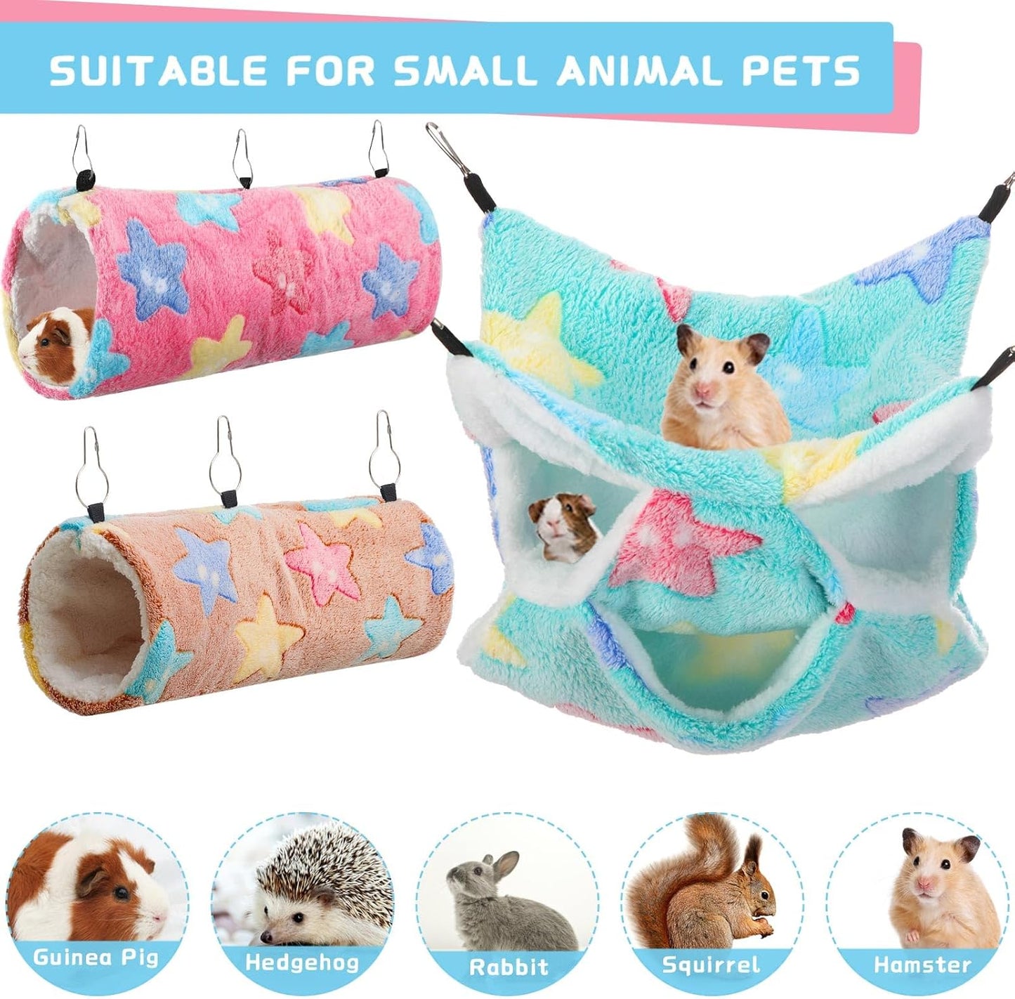Abbylike 9 Pieces Rat Hammock 3 Tier Guinea Pig Ferret Hammocks Small Pet Hanging Tunnel Glider Toy Guinea Pig Ferret Hideout Bed Cage Accessories for Hamster (Green, Pink, Brown,Stars)