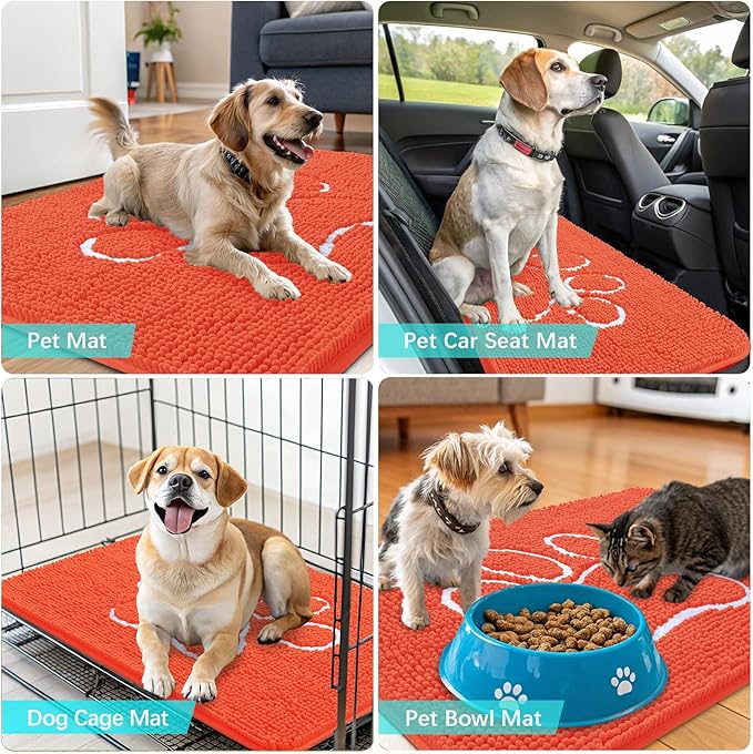OLANLY Door Mat for Muddy Dog Paws 30x20, Ultra Absorbent Chenille Mud Doormat with Paw Print Design, Non-Slip Washable Doormat for Indoor Entryway, Quick-Dry Pet Bed Mats for Dirty Dogs, Coral