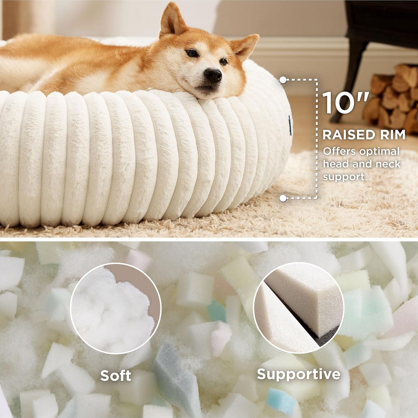 Bedsure Donut Large Dog Bed - Washable Faux Fur with Corduroy Fleece & Anti Slip Bottom, Round Pet Bed with Removable Cover, Cream, 36x36x10 inches