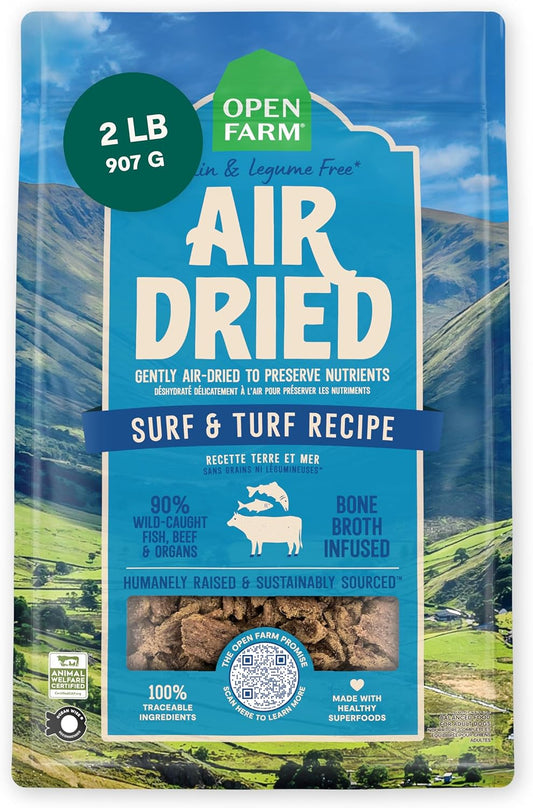 Open Farm, Air Dried Dog Food Infused with Bone Broth, Grain & Legume Free, Complete Meal or Food Topper, Surf & Turf Recipe, 2lb Bag