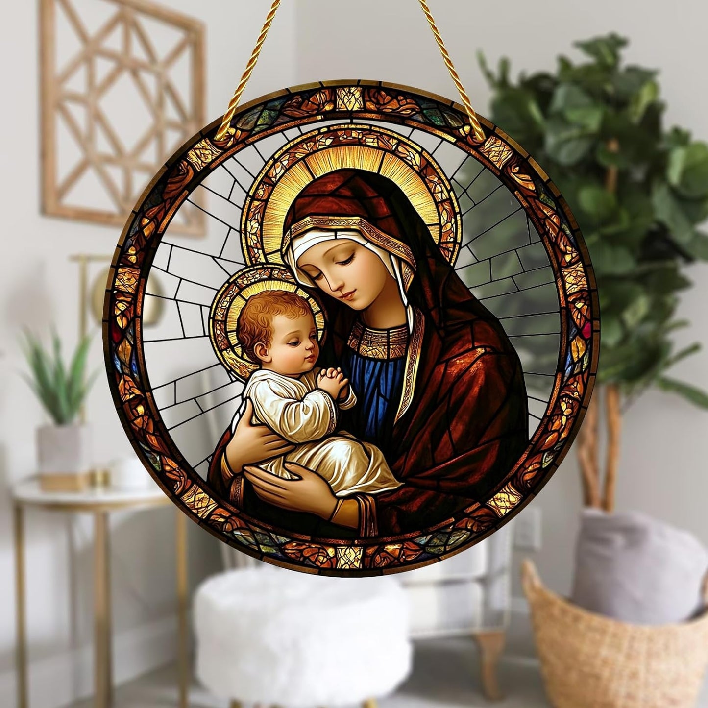 8x8 inch Charming Madonna and Child Acrylic Stained Glass Window Hanging Sun Catcher Decor Stained Panel Hangings Wall Art Decor, for Friends and Family (Madonna and Child)