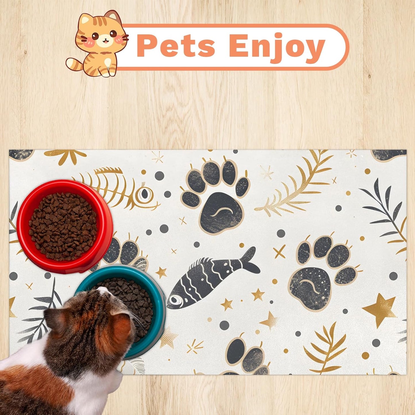 Dog Cat Food Mat,12"x20" Inches Rapid Absorbent Pet Feeding Mat,Pets Placemat Water Bowl Mats with Rubber Backing,No Stains Cat Dog Feeding Mats Indoor,Pet Accessories Supplies,Cats Paw