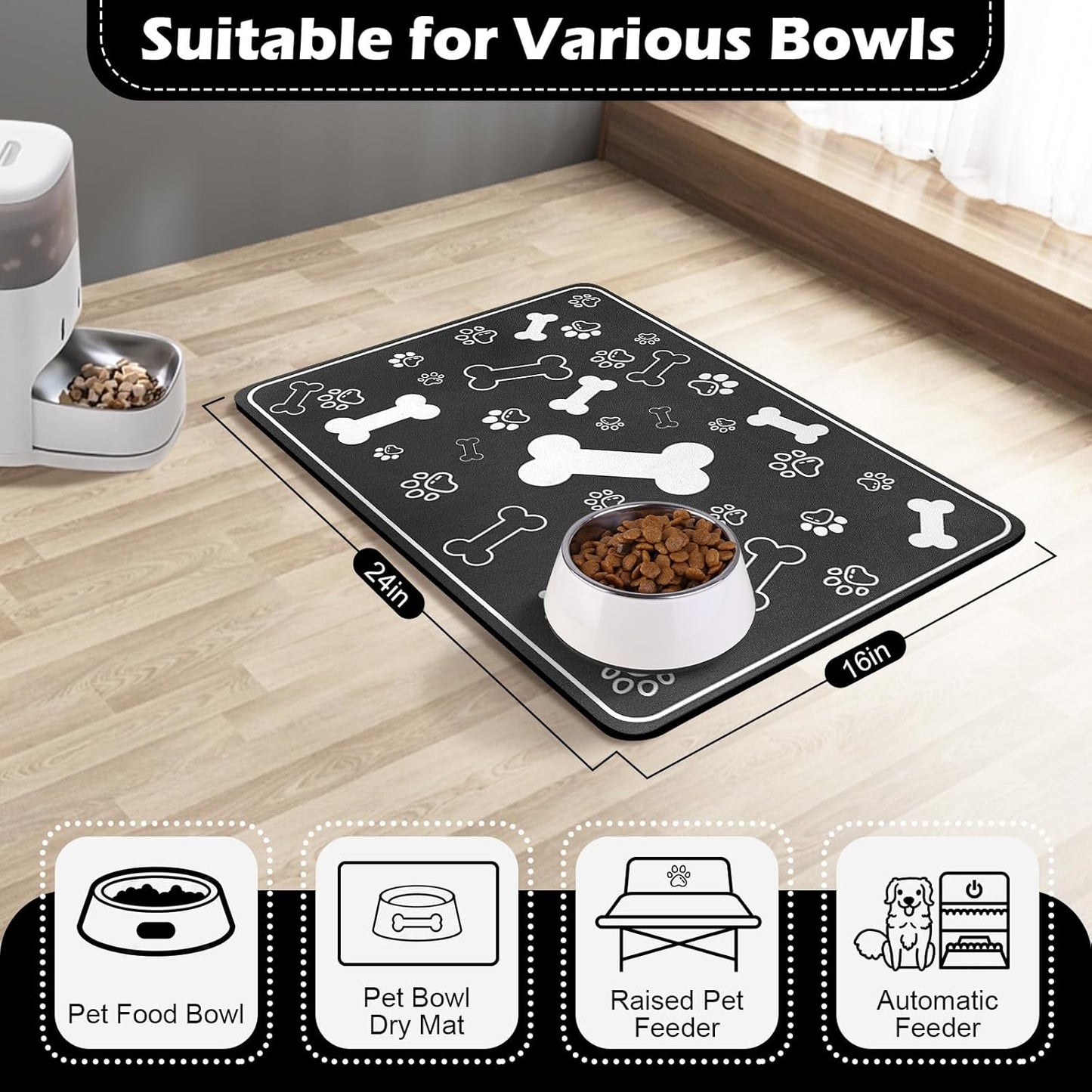 Pet Feeding Mat,Rapid Absorbent Mats for Dog Cat Food, Dog Placemat Water Bowl Mat with Rubber Backing,Messy Drinkers to Protect Floors, Pet Accessories 16"×24" Black