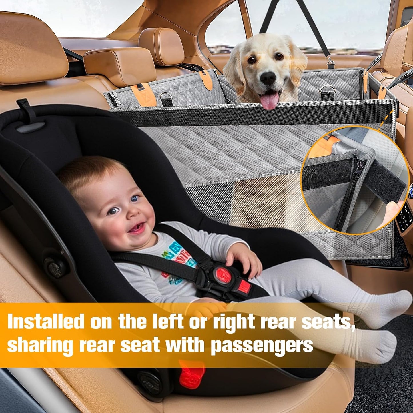 PETICON Large Dog Car Seat, Back Seat Extender for Dogs with 3 Mesh Windows, Waterproof Medium Carseat for Dogs with Hard Bottom, Pet Seat Cover for Cars, Trucks and SUVs (Gray)