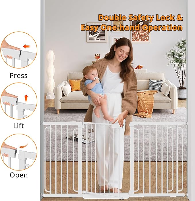 Extra Wide Baby Gate with Door 29.72-33.66 Inch Pressure Mounted, Auto Close Child Baby Gates for Doorways No Drill, Walk Through Dog Gate Indoor for The House, White