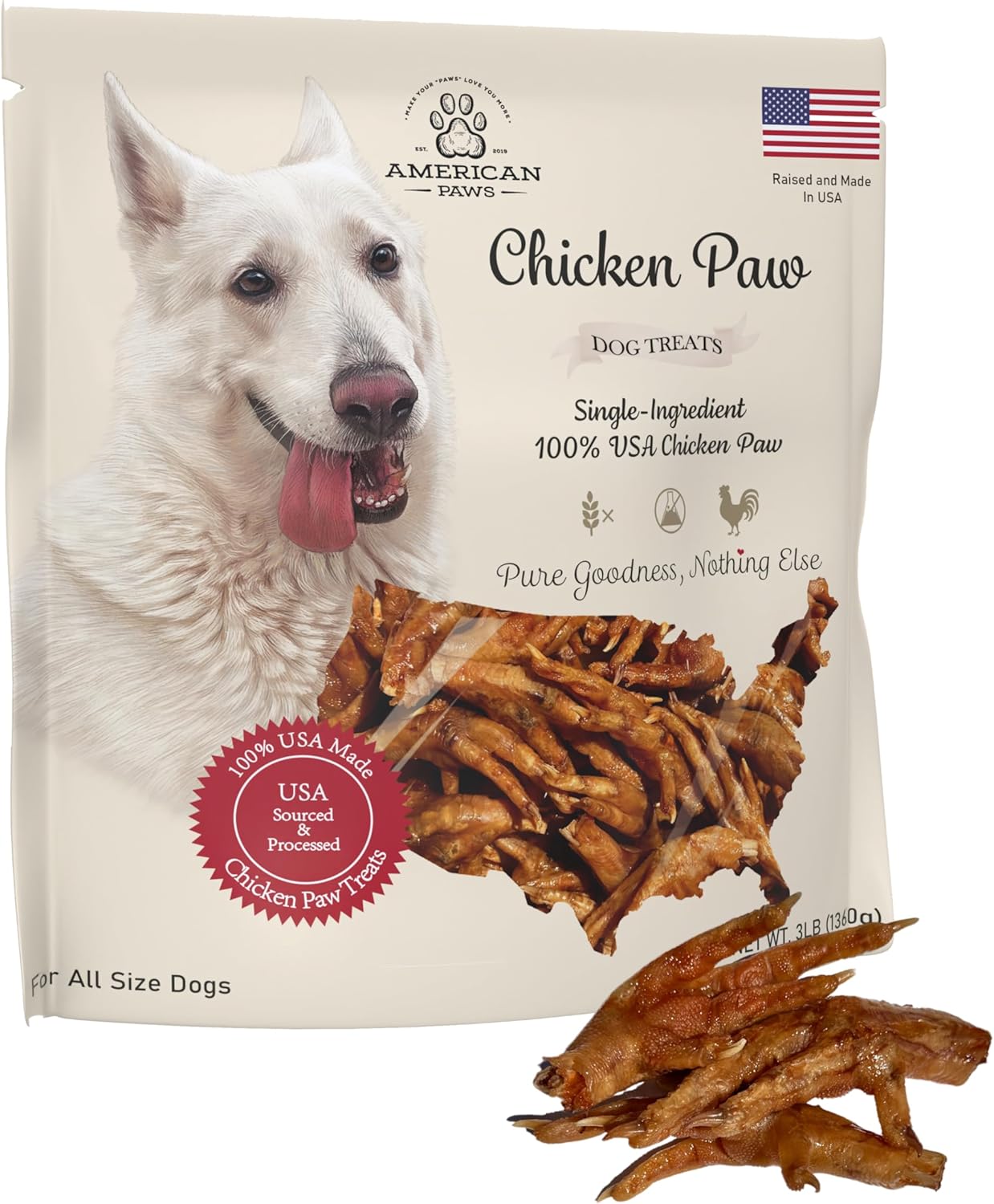 American Paws Dehydrated Chicken Feet Dog Treats, Only One Ingredient, No Additives, Made and Sourced in USA (3LB)