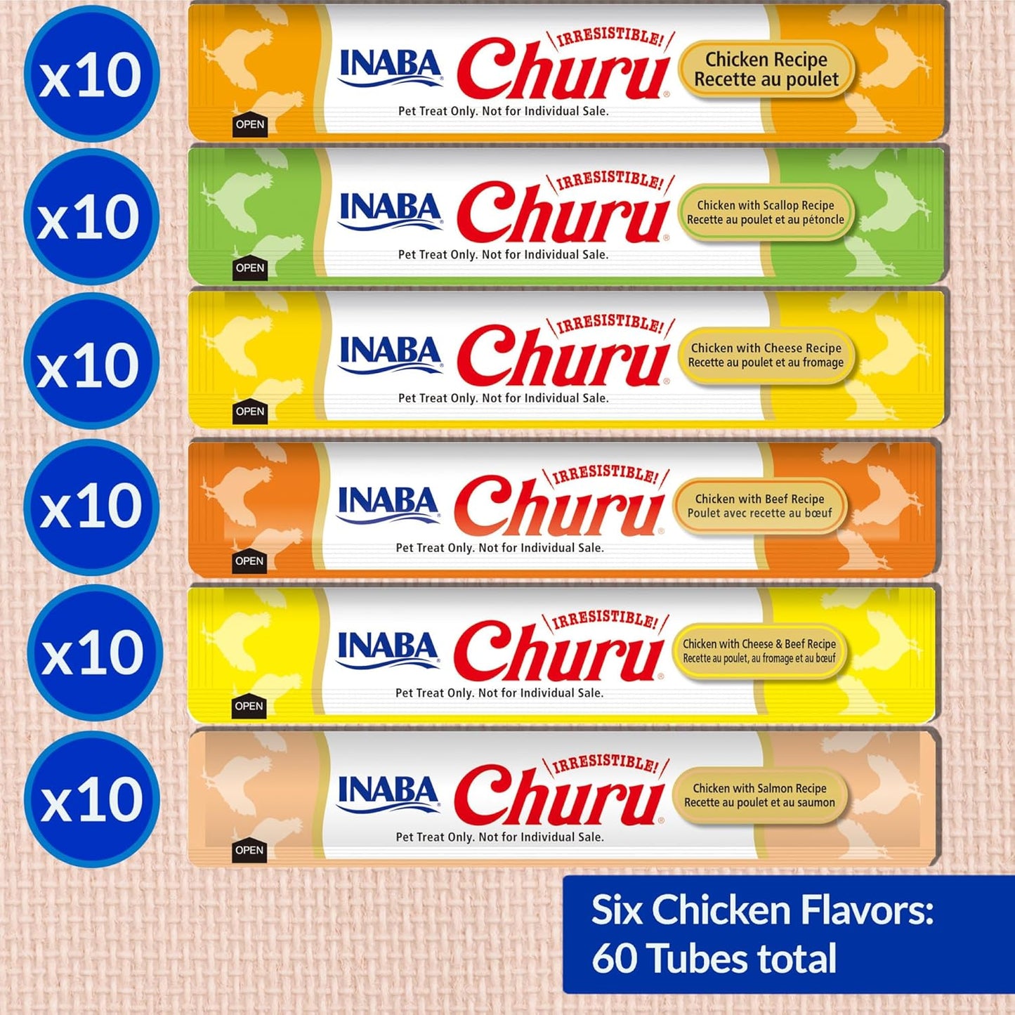 INABA Churu Cat Treats, Grain-Free, Lickable, Squeezable Creamy Purée Cat Treat/Topper, 60 Servings, Chicken Variety Box