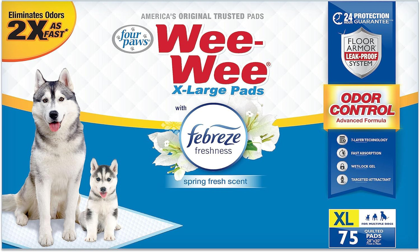 Four Paws Wee-Wee Odor Control with Febreze Freshness Pee Pads for Dogs & Puppies, Leak-Proof Dog Housebreaking Potty Training Floor Protection, Spring Fresh Scent, 28" x 30", 75 Count