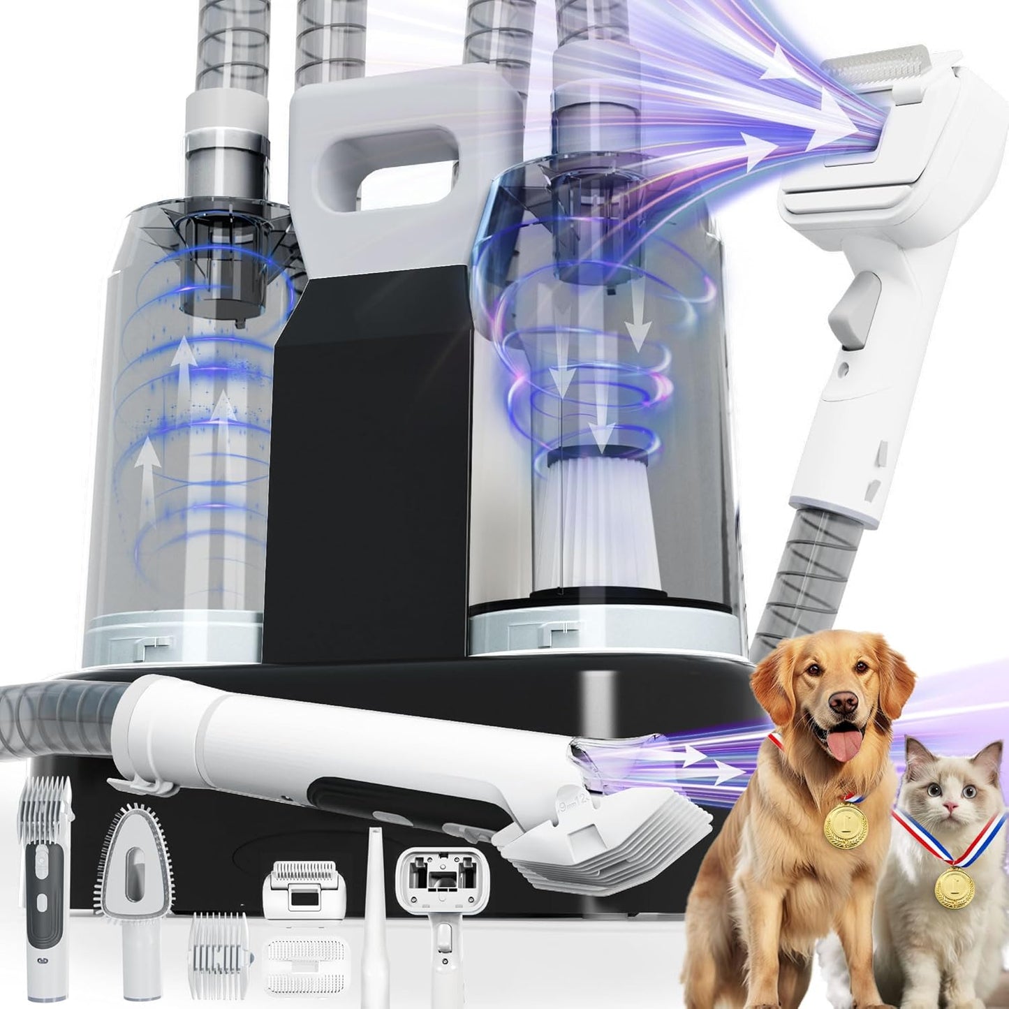 FOTING 6 in 1 Dog Grooming Vacuum & Dryer Kit, 2.1L Double Dust Cup Separator Design, Dogs Vacuums for Shedding Grooming, 10000pa Pet Grooming Vacuum for Dogs at Home