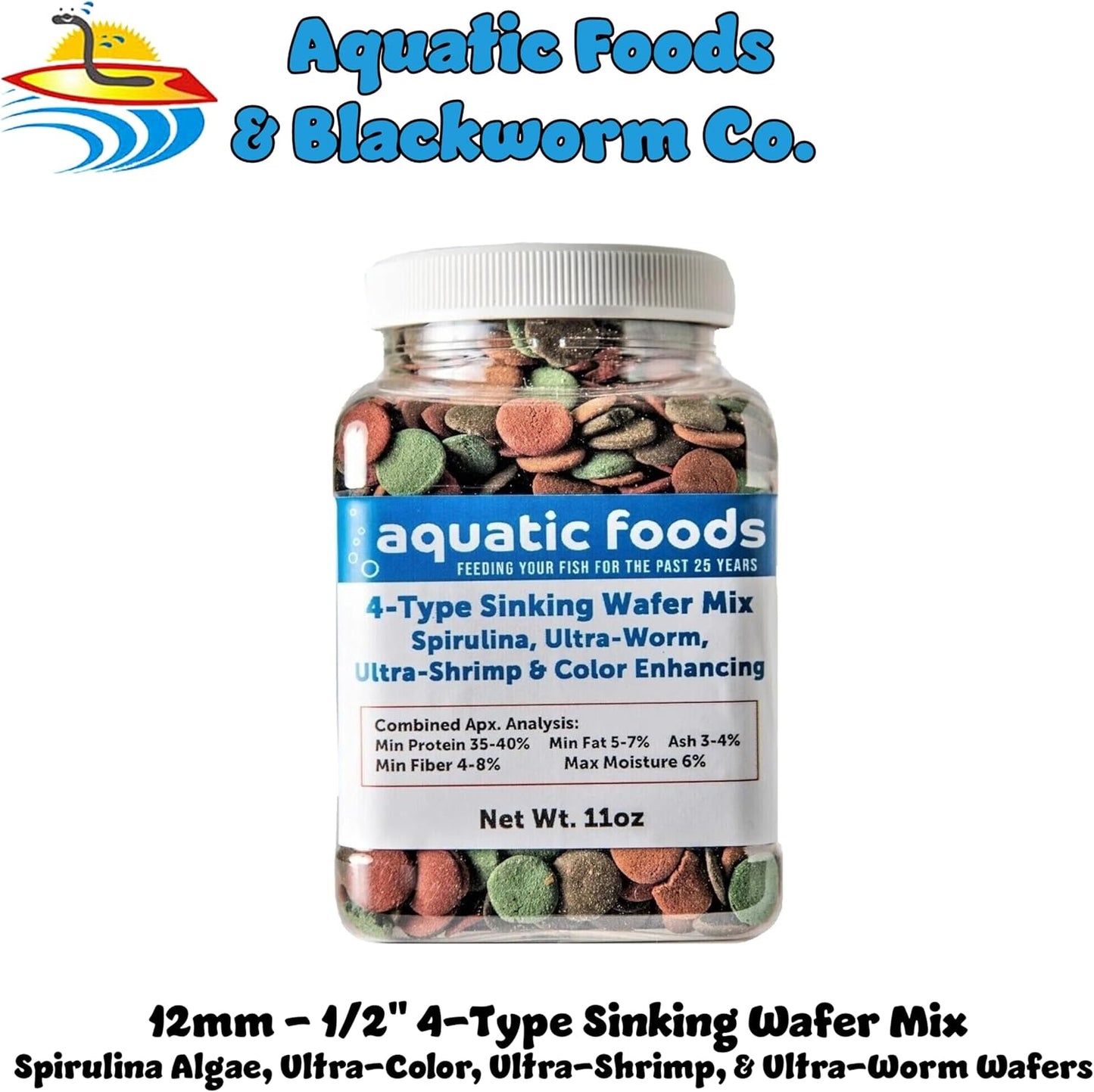 Aquatic Foods Inc. 4-Type 12mm - 1/2" Sinking Wafer Mix of Spirulina-Algae, Ultra-Worm, Ultra-Shrimp, Color Enhancing Wafers for Shrimp, Snails, Crabs, Crayfish, All Tropical Fish..11oz Small Jar