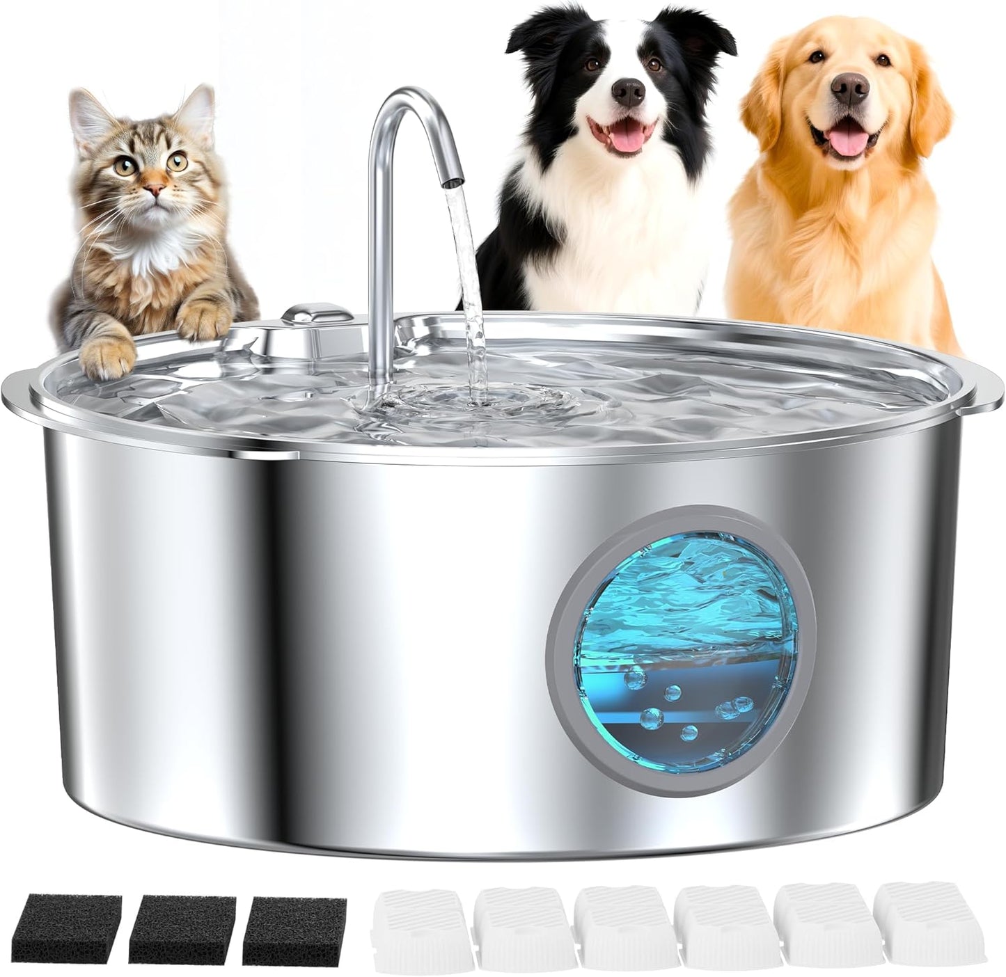 Pet Water Fountain for Large Dogs: Metal Dog Water Fountain - Silent Big Cat Fountains for Drinking - 3.2G/406oz/12L Water Fountain Dog Bowl Inside - GROOKPET Fountains with 6 Filters + 3 Sponges