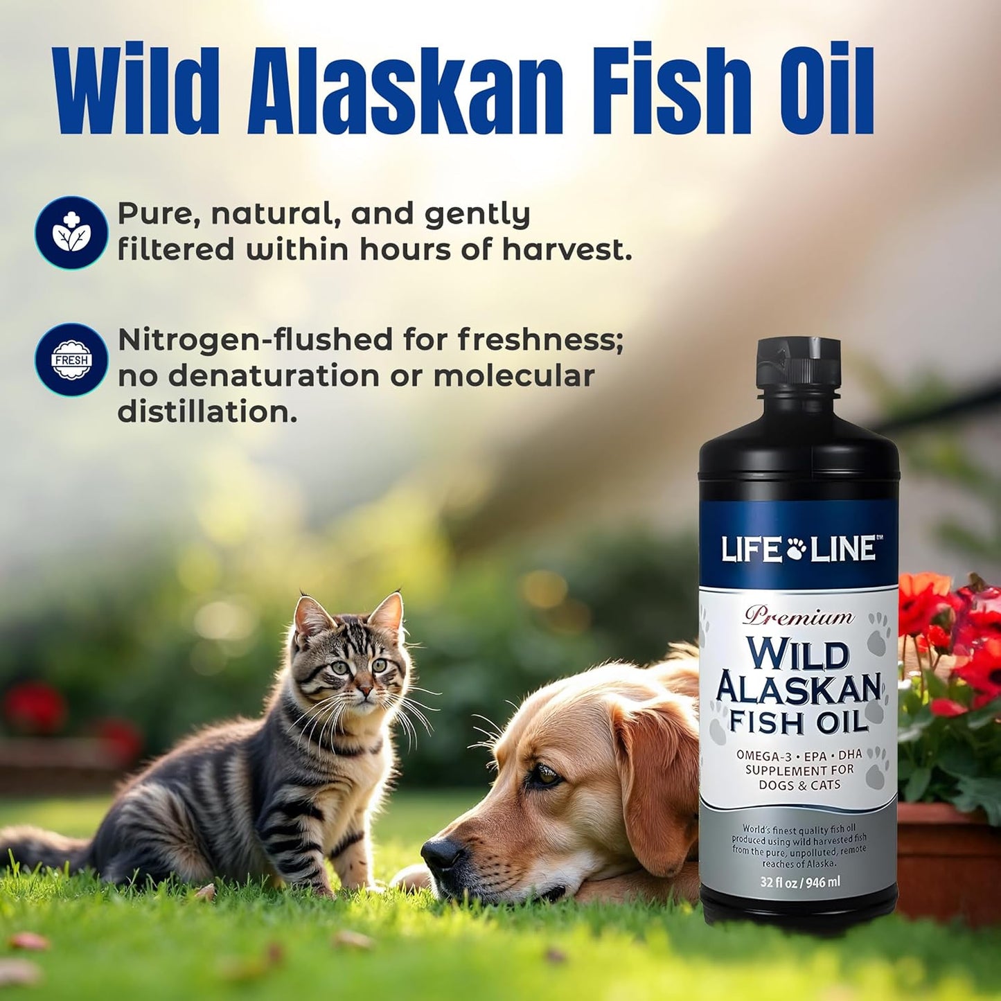 Life Line Pet Nutrition Wild Alaskan Fish Oil for Dogs and Cats 32oz – Omega 3 Fish Oil Supplement for Skin & Coat – Supports Brain, Eye & Heart Health in Dogs & Cats