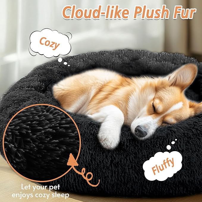 JOLLYVOGUE Calming Dog & Cat Bed for Small Dogs, Anti-Anxiety Donut Cuddler Cozy Soft Round Bed with Anti-Slip Bottom, Fluffy Faux Fur Plush Cushion Beds for Small Medium Pets (23")