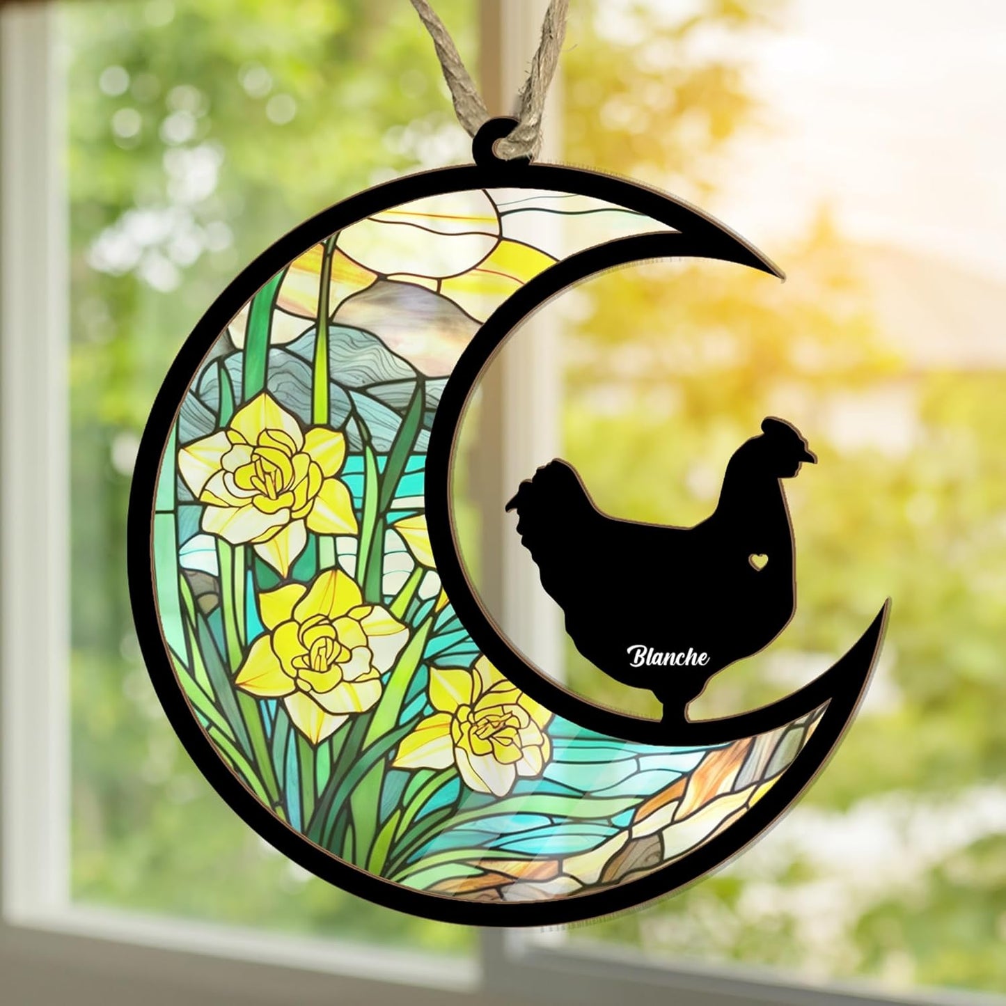 Personalized Moon Sign Chicken Suncatcher - Memorial Hanging Door, Loss of Pet Sympathy Keepsake