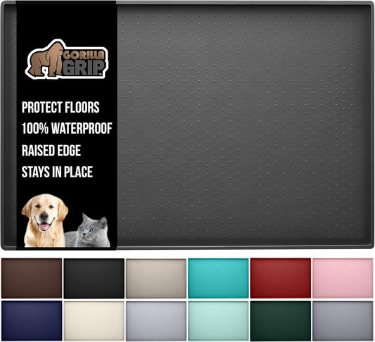 GORILLA GRIP 100% Waterproof Raised Edge BPA Free Silicone Pet Feeding Mat, Dog Cat Food Mats Contain Spills Protects Floors, Placemats for Cats and Dogs Water Bowl Pets Accessories 18.5x11.5 Charcoal
