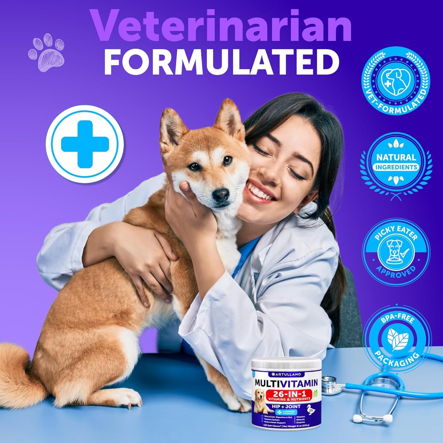 Dog Multivitamin Chewable with Glucosamine 26 in 1 - Dog Vitamins and Supplements - Senior & Puppy Multivitamin for Dogs - Pet Joint Support Health - Immunity, Mobility, Gut Skin - 120 Chews