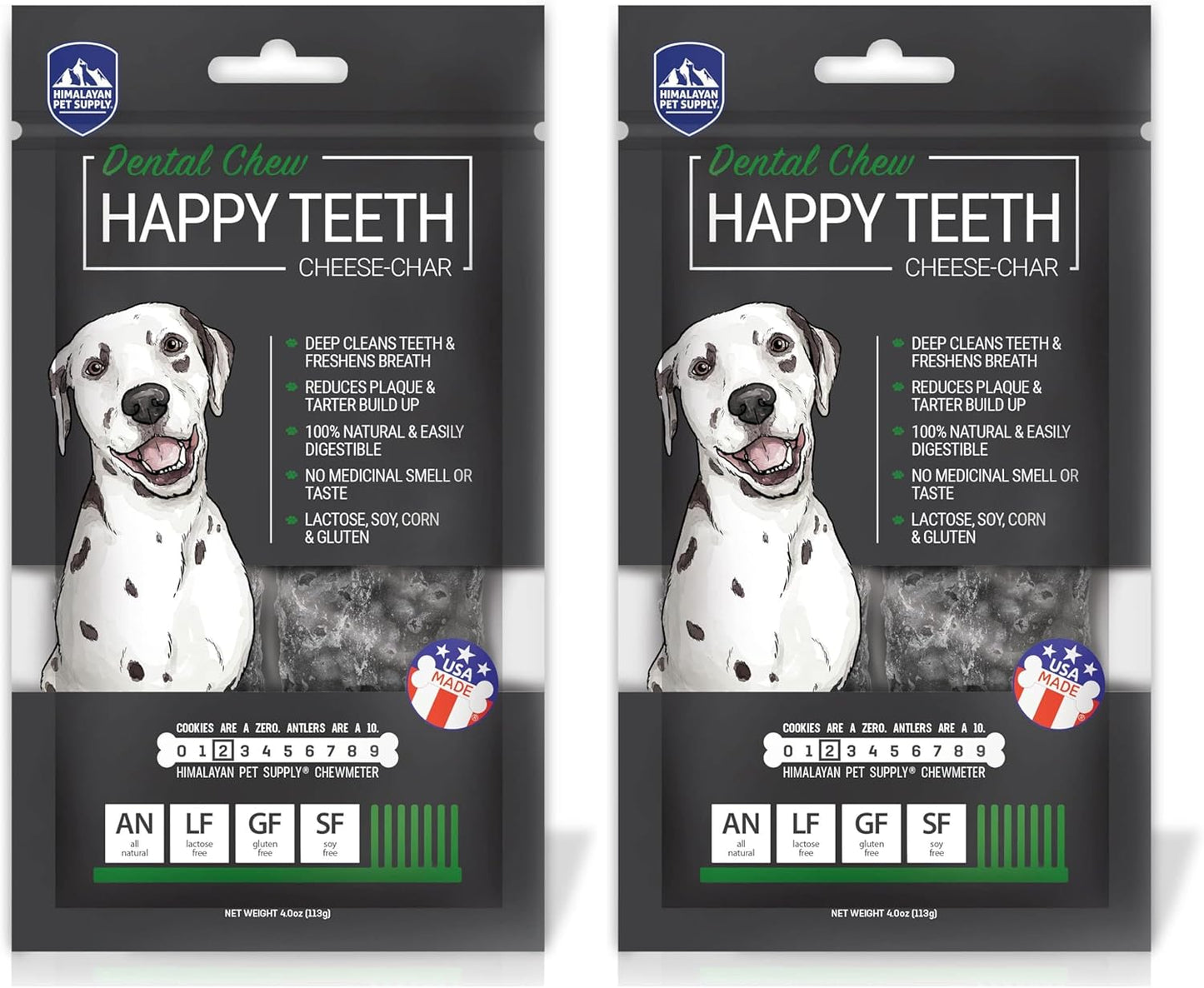 Happy Teeth Cheese & Charcoal Dental Dog Chews | Cheese Flavor with Activated Charcoal | Dental Chew | Protein Rich | Gluten Free - Lactose Free - Wheat Free - Soy Free| 2 Chews per Resealable Pouch