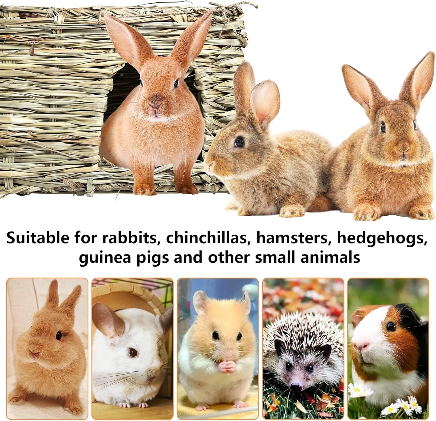 Hamiledyi 3PCS Grass House for Rabbit, Edible Bunny Hut Natural Grass Woven Foldable Pet Play Hideaway Hay Mat Chew Toys for Guinea Pig Hamster Chinchilla, Safe Cozy Sleep 11.8x7.87x7.87 inches