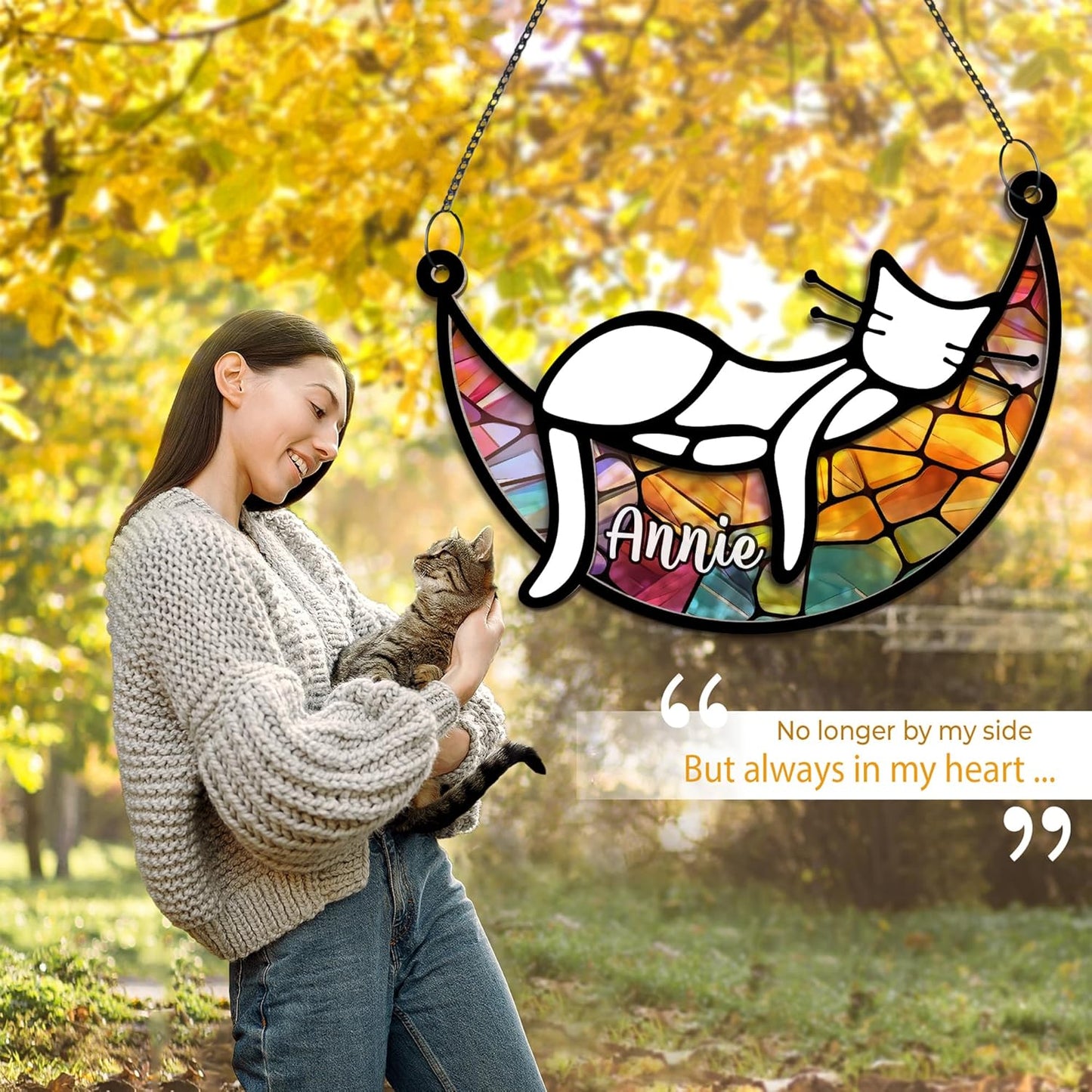 Cat Memorial Suncatcher, Personalized Name Pet Sleeping on Moon Ornament Window Car Hanging, Sympathy Gift for Loss of Pet Passed Away Keepsake, Remembrance Gifts for Cat Lovers